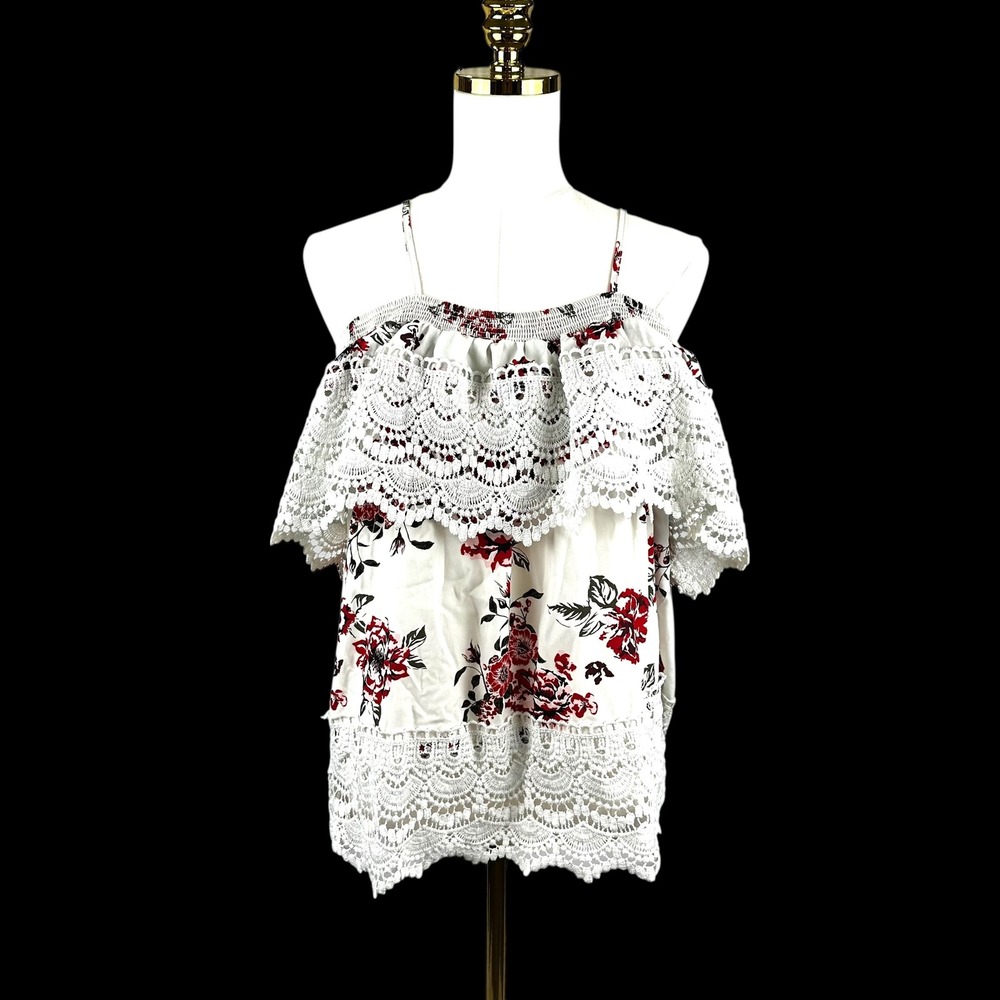 Crochet Floral Lace Cold Shoulder Top White Red XXXL 21 Boho Summer Blouse Roses